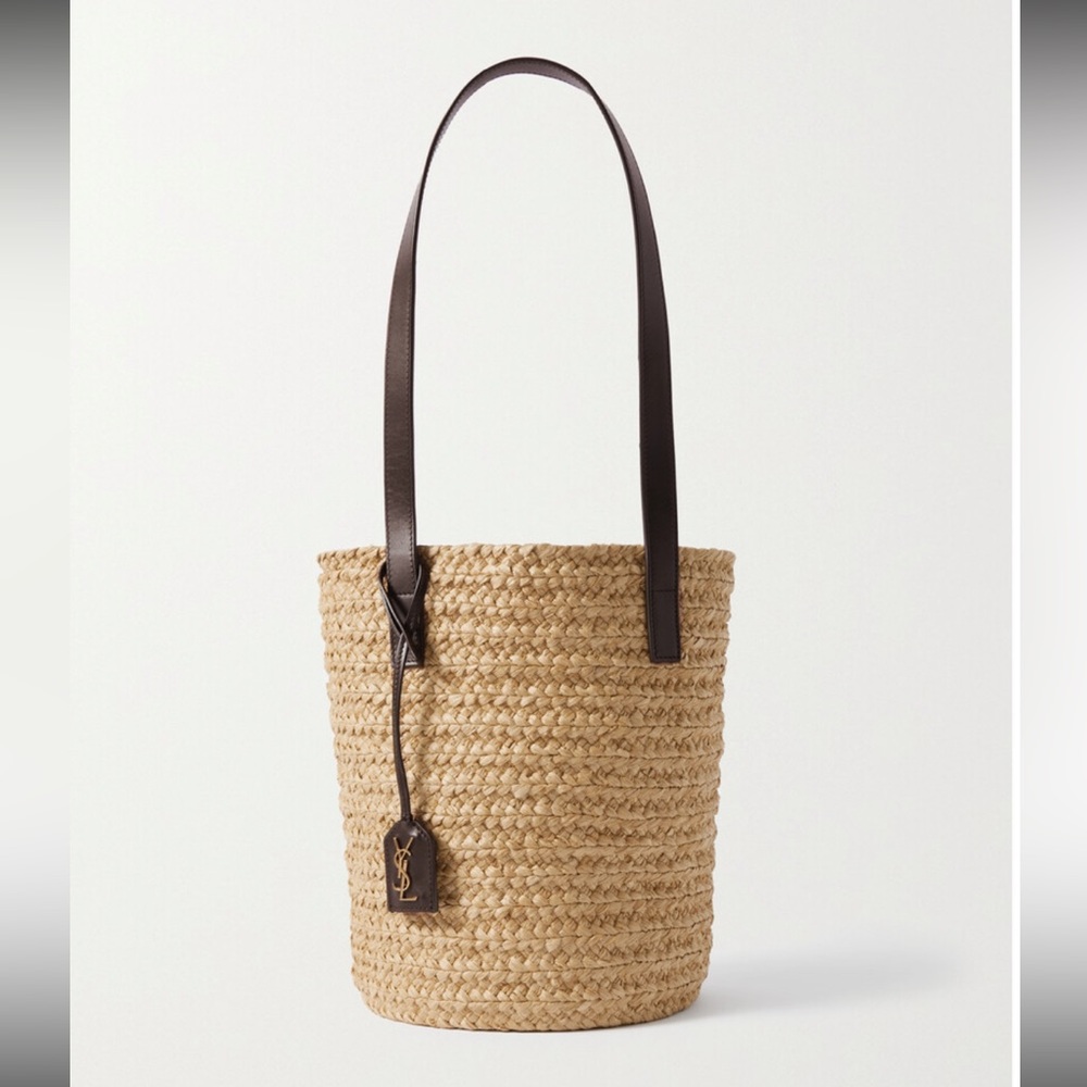 Saint Laurent small panier leather-trimmed raffia tote